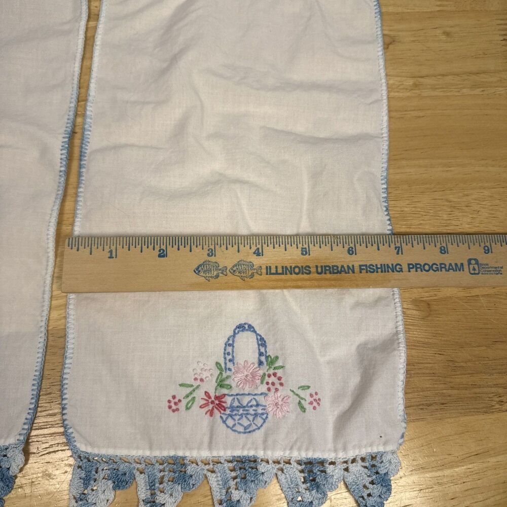 Embroidered Dresser Scarf Runner Flower Easter Basket Crochet Edge Set 2 13”x7” - Picture 8 of 9